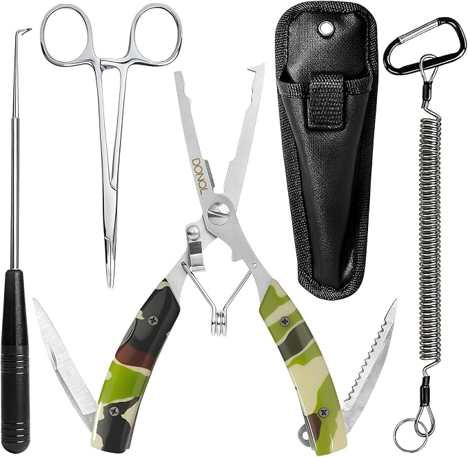 DONQL 6in Fishing Pliers Tools Kit, Fishing Pliers Hook Remover, Fishing Scissors Line Cutter, Saltwater Resistant Fishing Gear with Lanyard, Multifunctional Fishing Hook Remover Gifts