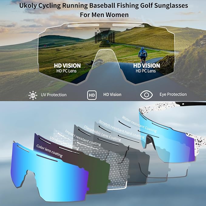 Ukoly Cycling Sunglasses for Men Women with 3 Interchangeable Lenses, Polarized Sports Sunglasses, Baseball Sunglasses