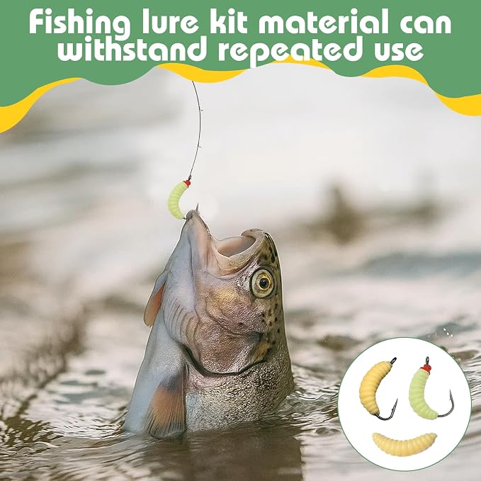 50PCS Bluegill Hooks Fishing Worms – 30PCS 22mm Soft Rubber Worms & 20PCS Maggot Bait for Bass, Panfish, and Trout, Bluegill Lures for Freshwater Fishing with Natural Nlbn Action