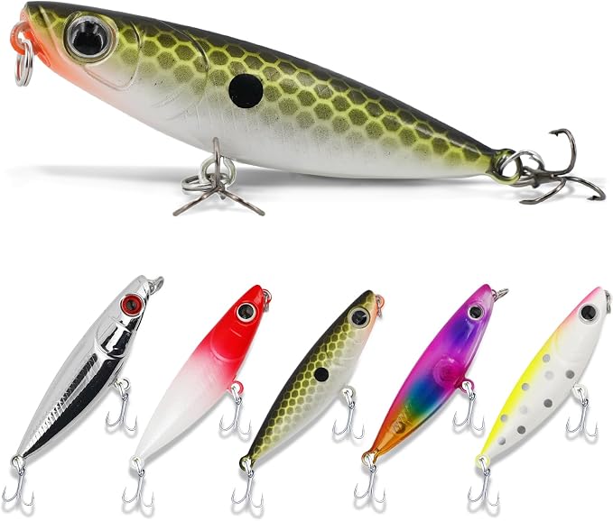3D Lifelike Fishing Lures with Zigzag Action – Topwater Hard Bait Jigs for Bass, Trout, Walleye, Pike, Salmon – 5 Pc, High Carbon Steel Treble Hooks, Fresh/Saltwater