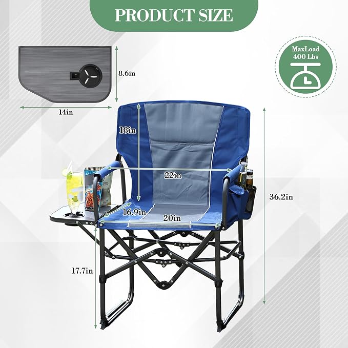 Oversized Camping Directors Chair, Portable Folding Lawn Chairs for Adults Heavy Duty with Side Table, Outdoor Foldable Camp Chair with Pocket for Beach, Fishing,Picnic (2, Blue/Grey, Oversized)
