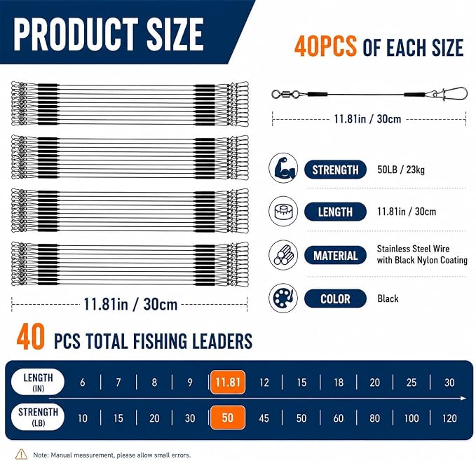 Stainless Steel Fishing Wire Leaders, Black Coated & Uncoated Options, Heavy Strength 31–100LB, 6–21in Multi Sizes with Rolling Swivels Snaps for Salt Fresh Water Shark Pike Barracuda