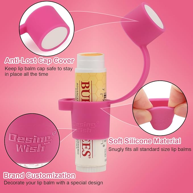 Silicone Chapstick Holder with Cap Cover, 0.6'' Diameter Portable Lip Balm Holder Key Chain Sleeve Chapstick Keychain Holder with Wrist Strap Lanyard - Rose