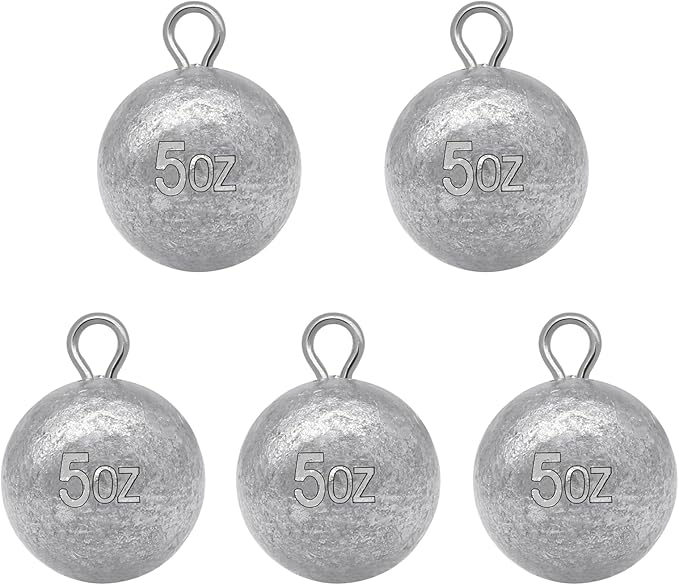 5 Pcs Fishing Round Sinker Cannonball Lead Weights Assortment Egg Drop Bass Weights Saltwater Freshwater Casting 1-5oz