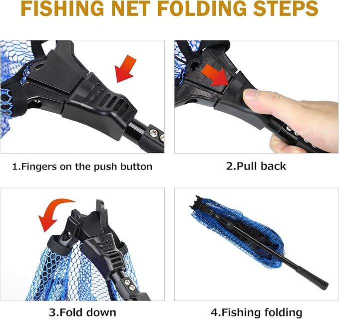SANLIKE Fishing Net Folding Landing Net with Extra Long Telescoping Pole Handle, 37-98.4inch Rubber Coated Fishing Net for Easy Catch Release, Fish Net for Kids and Adults, 98.4"/ 71"/ 50.4"/ 43"/ 37"