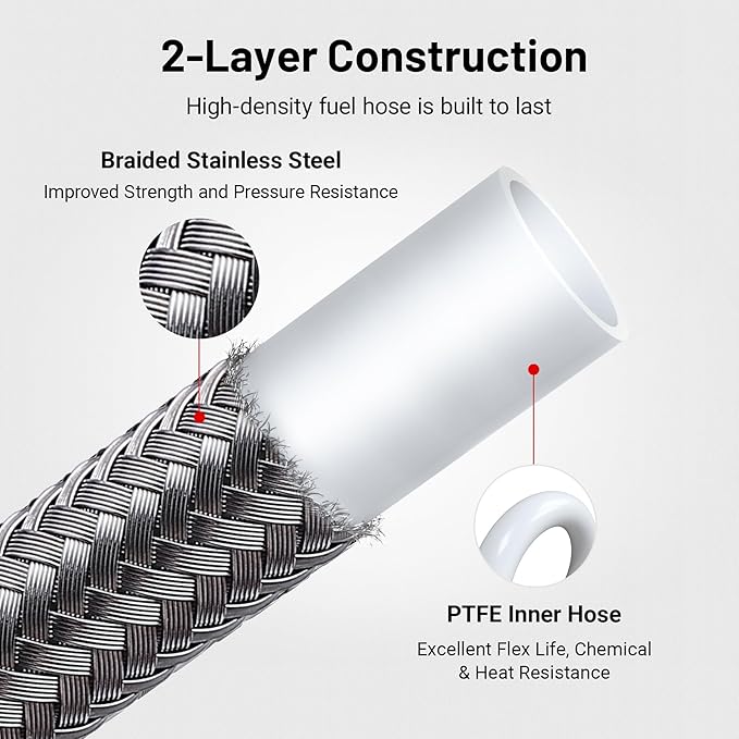 EVIL ENERGY 6AN PTFE Fuel Hose Line, AN6 Fuel Line E85 Stainless Steel Fuel Line Braided 20FT Silver