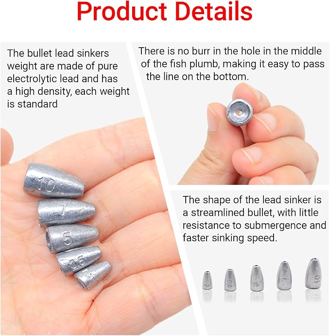 Fishing Weight Sinkers, 50pcs/55pcs Lead Worm Weights Fishing Sinkers for Bass Fishing Texas Rigs(2g/3.5g/5g/7g)