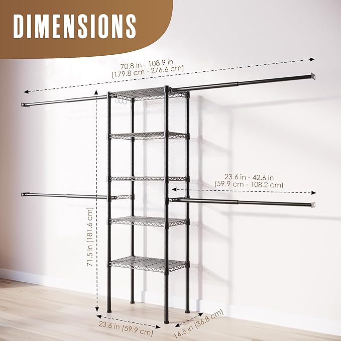 Houseables Closet System, Built in Closet System, Organizer Kit, Walk In Shelf Kit Storage, Wall Mounted Inserts, Modular, Walking, Build Your Own, DIY, Insert Shelving, 4 Custom Rods, 5 Shelves