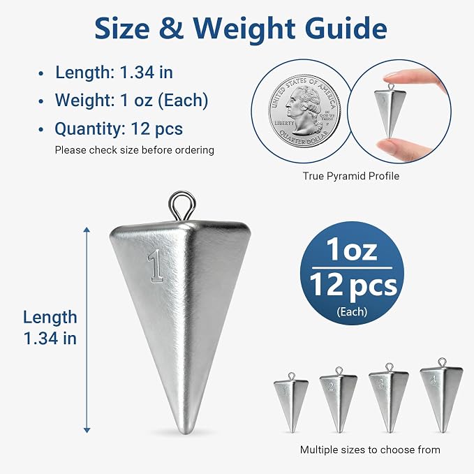 Pyramid Sinkers Fishing Weights Assortment 1oz-4oz, Surf Casting Sinkers for Saltwater Beach Fishing, Triangle Lead Weights Anti Roll Strong Hold