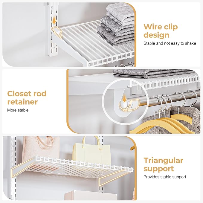 Wire Closet Organizer System, Wall Mounted 6.5 Ft. Custom Closet Kit for Bedrooms, Adjustable Storage Shelves for Clothes, Shoes, and Handbags