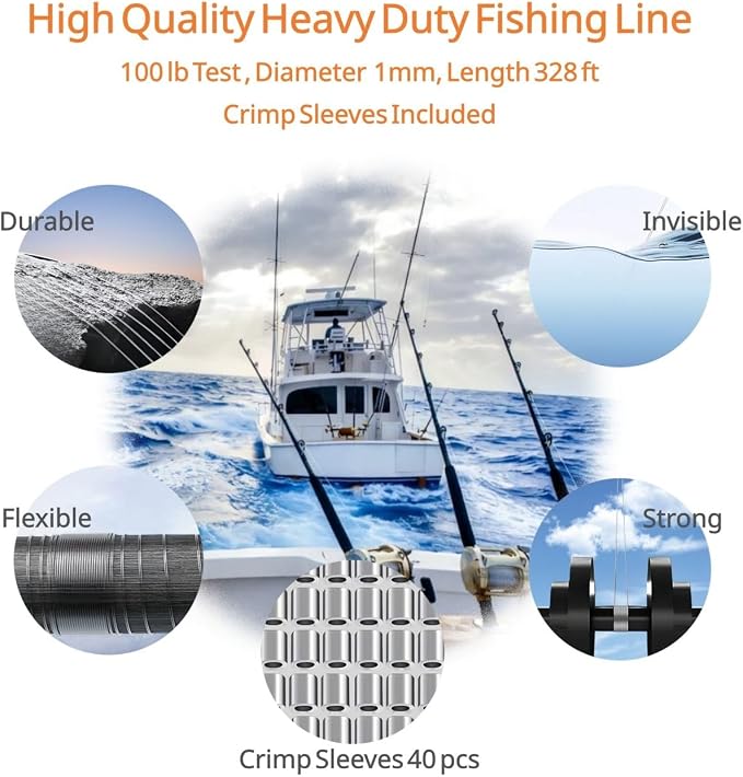 Aboda Clear Fishing Line 0.2-1 mm, Strong Invisible Nylon Fishing Wire 8-100 lb Test Includes Crimp Sleeves, Clear String for Hanging Decorations Balloons Garlands Crafts & Jewelry