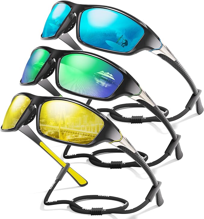 3 Pack Polarized Sports Sunglasses for Men, Mens Sunglasses Wrap Around UV Protection for Cycling Fishing Driving