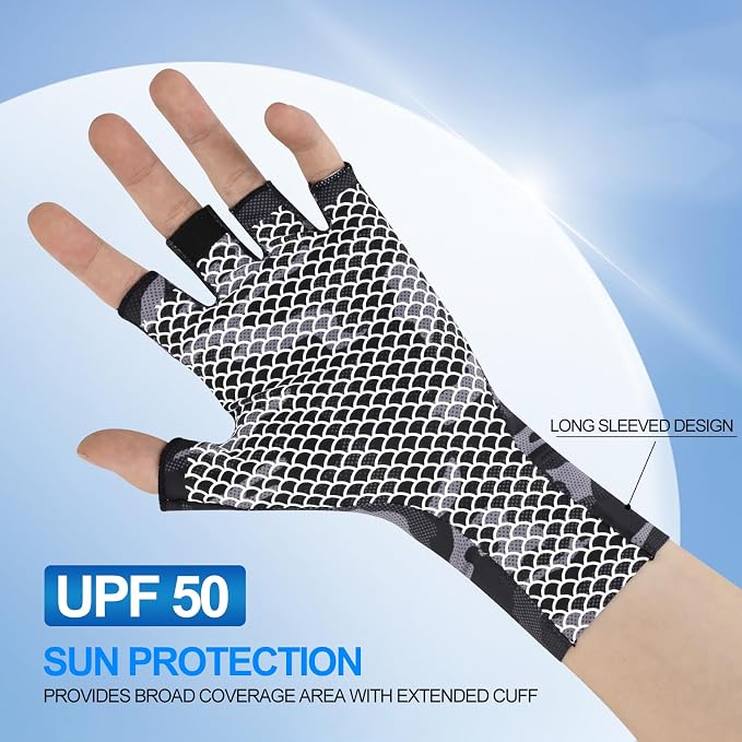 Fly Fishing Gloves Men Sun Sleeves Fingerless UPF Camo Quick-Drying UV Sun Protection for Kayak Rowing Adults Women