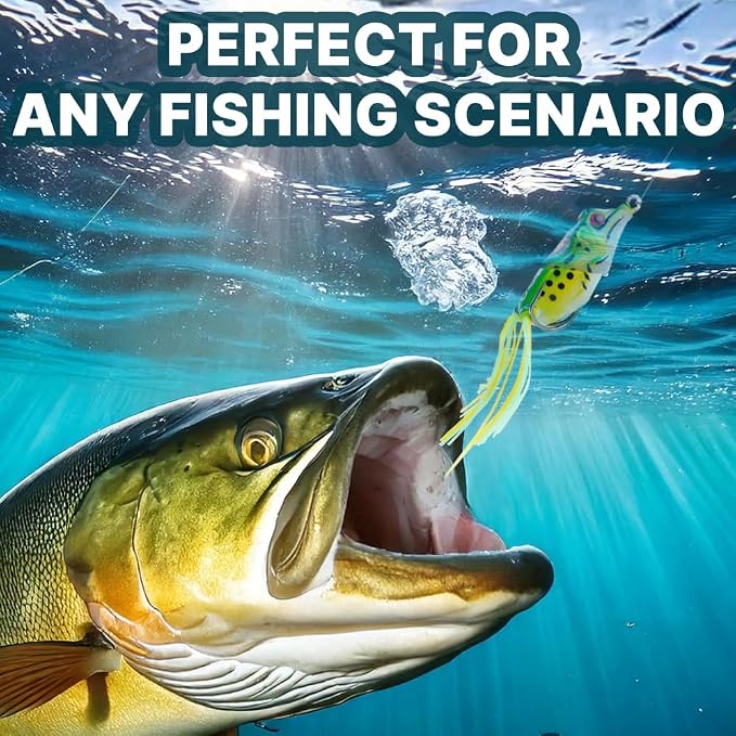 Topwater Frog Lures for Bass Fishing, 5 Pack Soft Hollow Body Weedless Frog Bait, Realistic Swimming Action, High Hookup, Crankbait for Freshwater Fishing, Includes Tackle Box