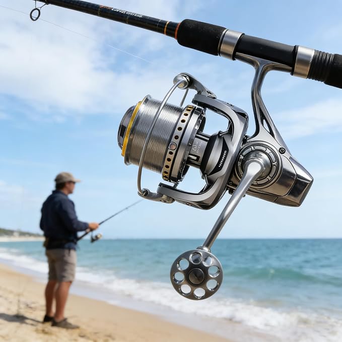 Heavy Duty Spinning Reel Metal Body with CNC Machined Spool 55LB Max Drag 8/10+1 BB Ultra Smooth 4.1/4.6/4.8:1 High Speed Gear Ratio Saltwater Freshwater Fishing Reel for 8000 to 16000 Series