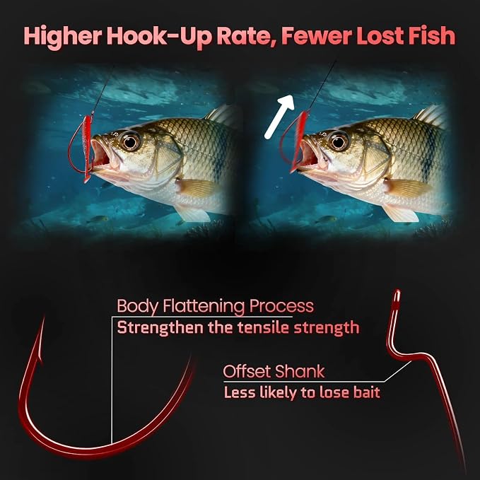 50/100/120pcs EWG Fishing Hooks, Bass Fishing Hooks Offset Worm Hook Texas Rig Hooks Live Bait Fishing Hooks for Freshwater Saltwater Size 4 2 1 1/0 2/0 3/0 4/0 5/0