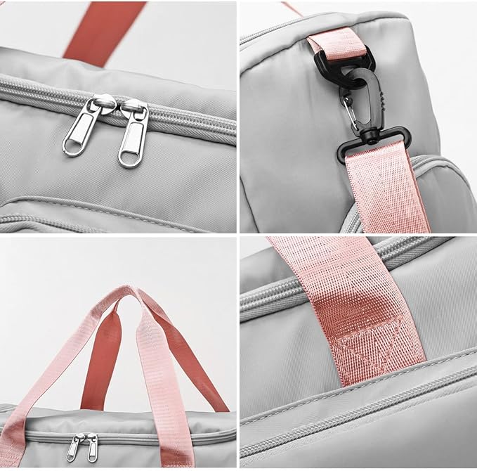 Suruid Travel Duffel Bag with Shoes Compartment Sports Gym Bag with Dry Wet Separated Pocket for Men and Women, Overnight Bag Weekender Bag Training Handbag Yoga Bag - Gray Pink