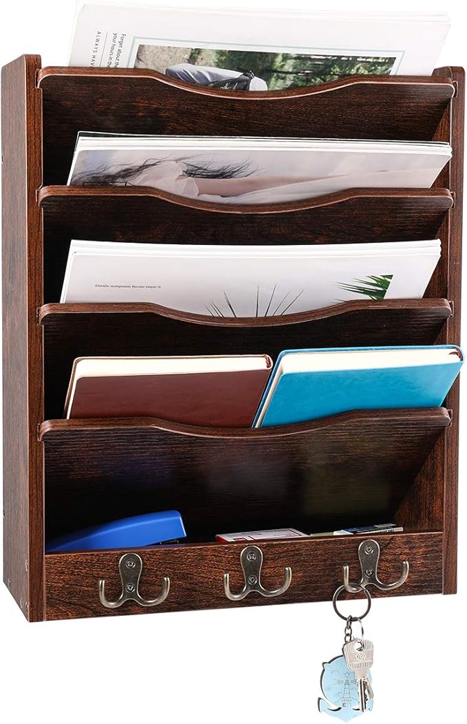 PAG 5-Tier Wall File Holder Hanging Mail Organizer Wood Magazine Literature Rack with 6 Hooks, Brown