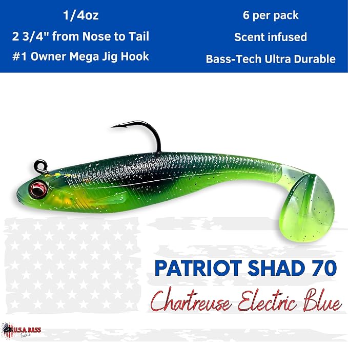 USA Bass Tackle Patriot Shad - Scent Infused Paddle Tail Swimbaits Pre Rigged Fishing Lures Premium Bait Strong Owner Hook, Fishing Gear for Bass Freshwater Predator Fish