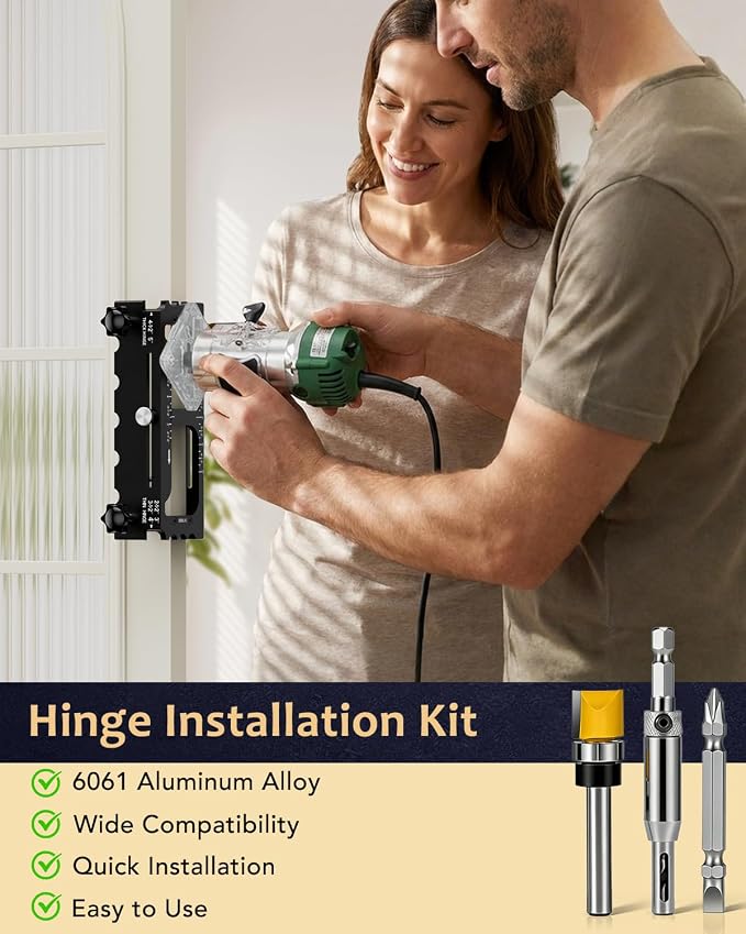 Door Hinge Jig Tool for Router, Adjustable Aluminum Alloy Mortise Jig Fits Door Hinges 2.5" -5", Door Hinge Template Installation Kit, 1/4" & 5/8" Radius and Square Corners, Black