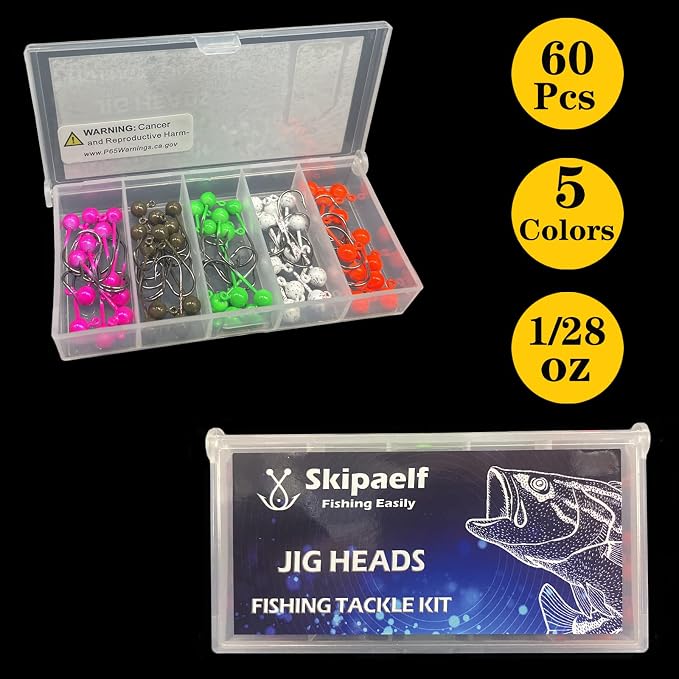 Fly Tying Jigs Kit,Small Jig Heads for Fly Fishing,60pcs Round Ball Crappie Jigs DIY Crappie Trout Tying Flies Ice Fishing 1/80oz 1/32oz 1/28oz 1/16oz