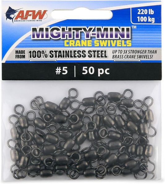 AFW American Fishing Wire Fishing Swivels - Mighty Mini 100% Stainless Steel Crane Swivels, 3X Stronger Than Brass, for Terminal Tackle Box, Up to 600lb Test - Fishing Gear for Fishing Line Leaders
