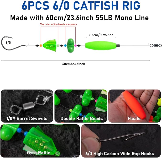 3Pcs/6Pcs Catfish Fishing Rigs Ready Kit，2 in 1 Rotating rattles/Double Rattles Beads, Float Rigs Tackle Santee Rig Peg Catfish，Free Adjustment in freshwter and Saltwater