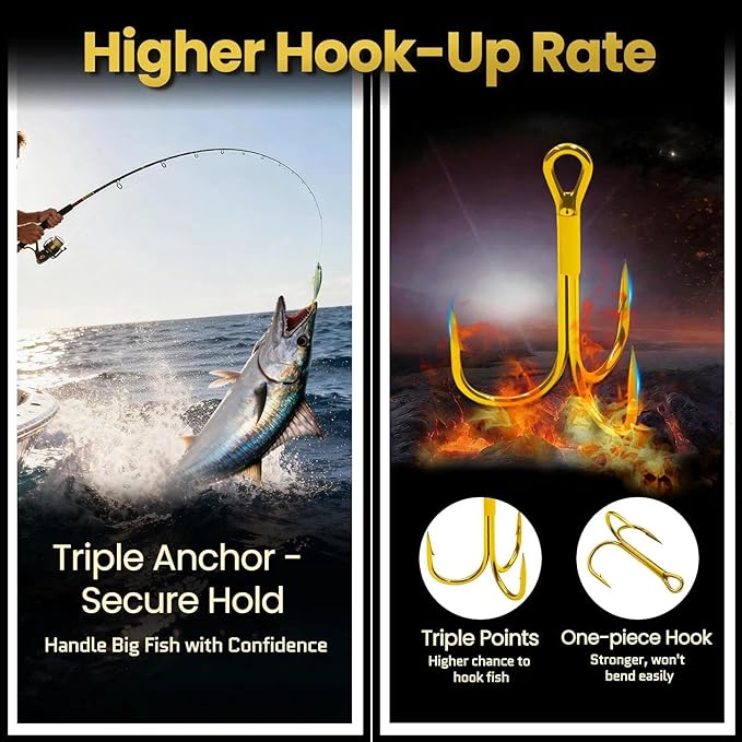 FishTrip 25pcs Fishing Treble Hooks, High Carbon Steel Triple Fishing Hooks with Ultra Brabed Sharp for Saltwater Freshwater Gold, Treble Hook for Bass Trout Fishing Lures Replacement Size 14-4/0