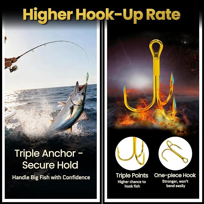 FishTrip 25pcs Fishing Treble Hooks, High Carbon Steel Triple Fishing Hooks with Ultra Brabed Sharp for Saltwater Freshwater Gold, Treble Hook for Bass Trout Fishing Lures Replacement Size 14-4/0