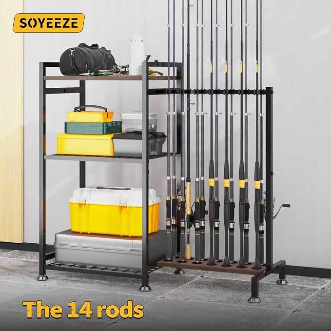 SOYEEZE Fishing Rod Holder for 14 Rods, Ground Stand Fishing Pole Holders for Garage, 2-Sided Vertical Fish Rod Rack for Tackle Box, Fishing Supplies,a Display Fish Gear Storage Gift for Man