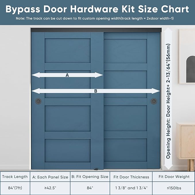 JUBEST 7FT Heavy Duty Bypass Door Hardware with Finger Pulls,Sturdy Aluminum Sliding Closet Door Track for 2 door System,Quietly and Smoothly,Fit Door Thickness 1 3/8" or 1 3/4",Easy to Install, Black