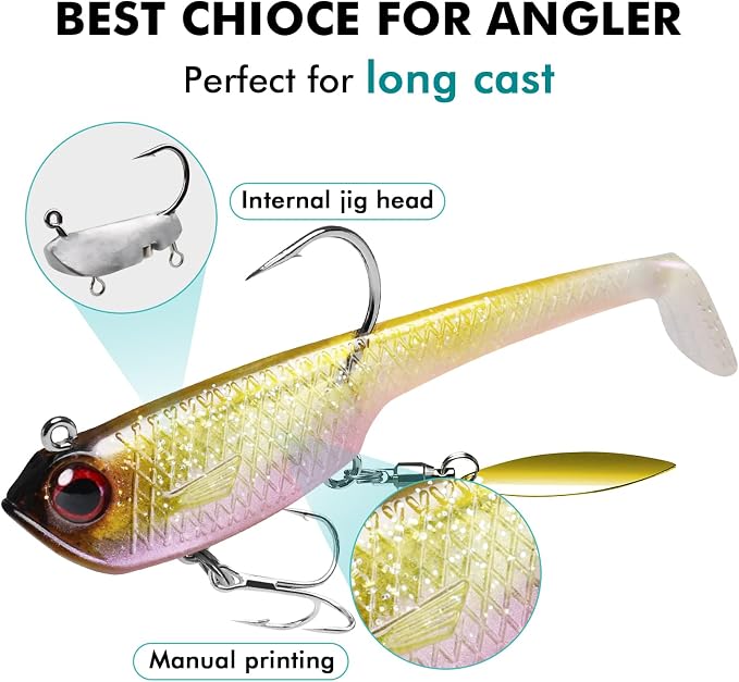 TRUSCEND Shadtale Easy Catch Soft Fishing Lures with BKK Hooks - Trembly Sinking and Vibrating Swim for More Bites, Pre-Rigged Swimbaits for Bass, Trout, Crappie, Walleye, Freshwater Saltwater Fishing