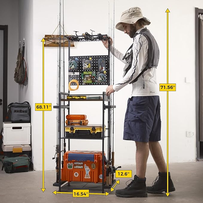 SOYEEZE Fishing Rod Holders for Garage, Fishing Rod Rack Hold Up to 12 Rods, 3 Tier Shelf, Pegboard and Wooden Countertops Designied for Fishing Pole Tackle Box Reel Line Storage, Fishing Gift