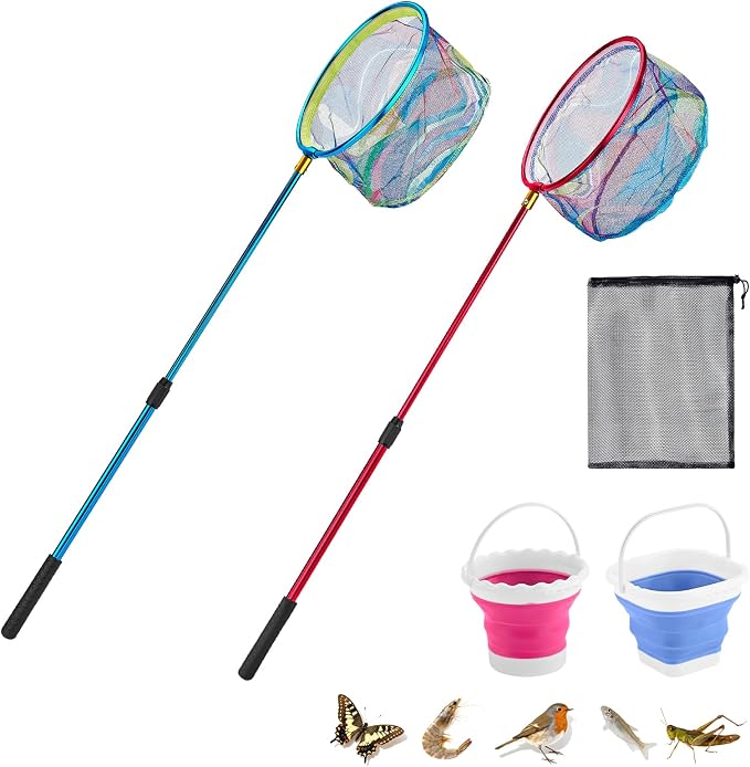 2PCS Telescoping Kids Fishing Net with Handle and Collapsible Bucket Kits-with Lightweight Aluminum Pole,Suitable for Catching and Releasing Fish,Minnow,Crabs,Butterfly,Frogs or Small Animals Outdoor