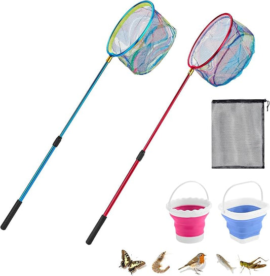 2PCS Telescoping Kids Fishing Net with Handle and Collapsible Bucket Kits-with Lightweight Aluminum Pole,Suitable for Catching and Releasing Fish,Minnow,Crabs,Butterfly,Frogs or Small Animals Outdoor