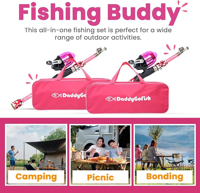 DaddyGoFish Kids Fishing Pole - Rod Reel Combo Tackle Box Starter Set - First Year Small Dock Gear Kit for Boys Girls Toddler Youth Age Beginner Little Children Junior Anglers