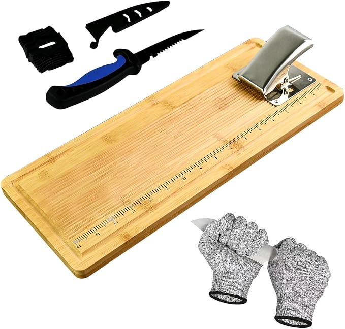 18" Bamboo Fish Cleaning Board Kit Anti-slip Fish Cutting Board Set Fish Filet Board with Scale Fish Measure Board Include Fish Fillet Knife, Clamp, Sharpener,Gloves, Fisherman Gifts