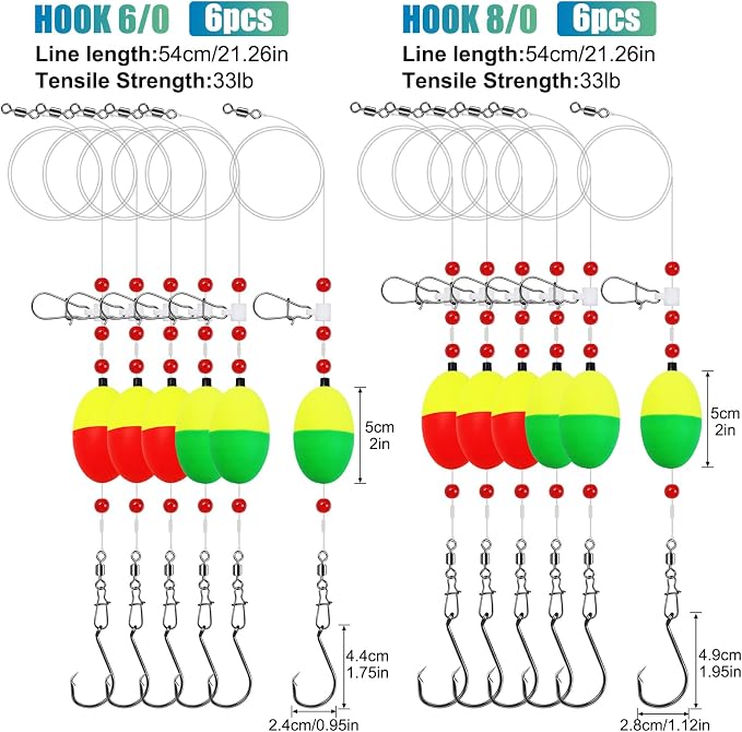 Fish Finder Rigs - 6 Pack (Size 6/0 or 8/0) with 33LB Fluorocarbon Leader - Pre-Assembled Surf Fishing Rigs with High-Carbon Steel Hooks & Oversized Float for Saltwater Ocean Fishing