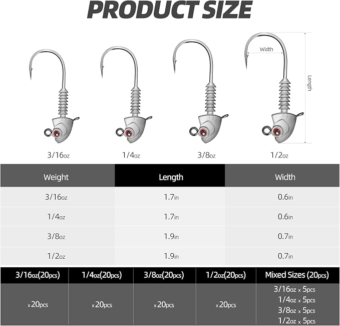 Swimbait Jig Heads, 20PCS/Box, 4 Size Options, Strong Hook & Anti-Loose Design, Ideal for Freshwater & Saltwater Fishing