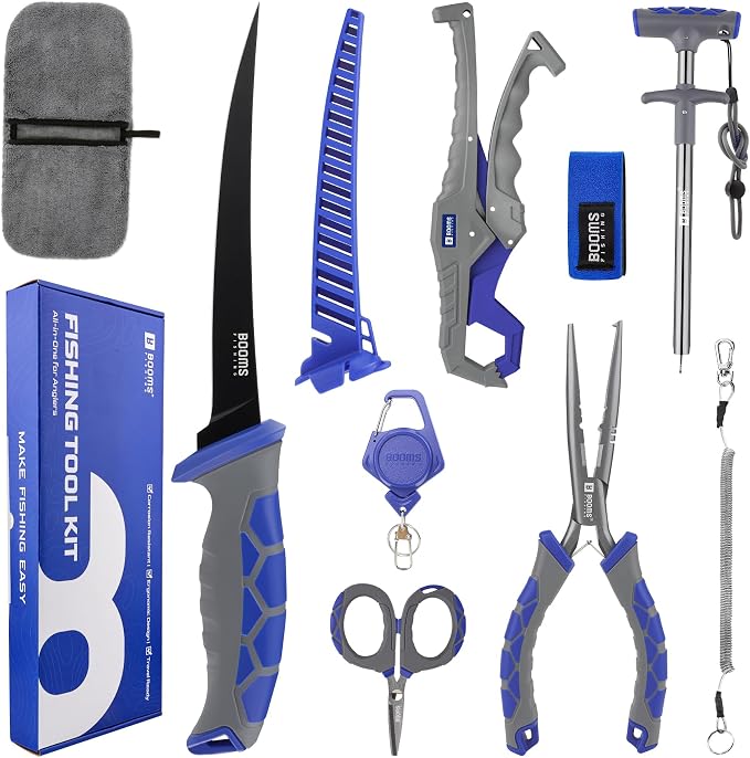 Booms Fishing Tool Kit Saltwater: 8pcs Fishing Gear and Equiment - 7” Fillet Knife, Needle Nose Pliers, Fish Gripper, Scissors, Retractor, Rod Strap, Hook Keeper, Lanyard - Fishing Gift for Men, XT02
