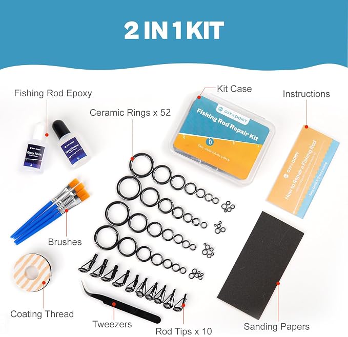 Fishing Rod Repair Kit,Fishing Pole Eyelet Ceramic Insert Eyes Repair with 52 Guide Rings and Supplies