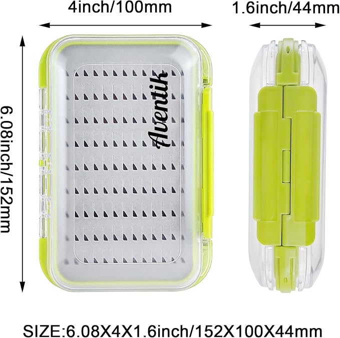 Aventik Waterproof Clear Fly Box Double Sides Floating Lightweight Fly Fishing Case Large Capacity Grip Foam Nymph Wet Dry Flies Lure Box(H18 Green, SIZE B:6.08X4X1.6inch)