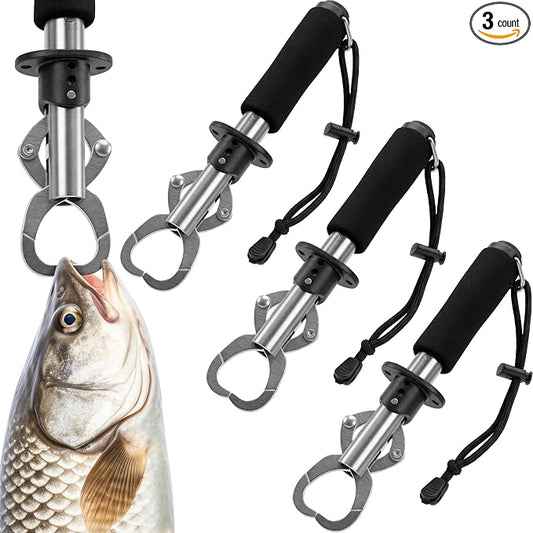 Konohan 3 Pack Fish Lip Gripper with Scale 33lb Stainless Steel Fish Landing Tool with Non-Slip EVA Handle & Wrist Strap for Anglers Fishermen Fishing Bass Trout Pike Catch and Release