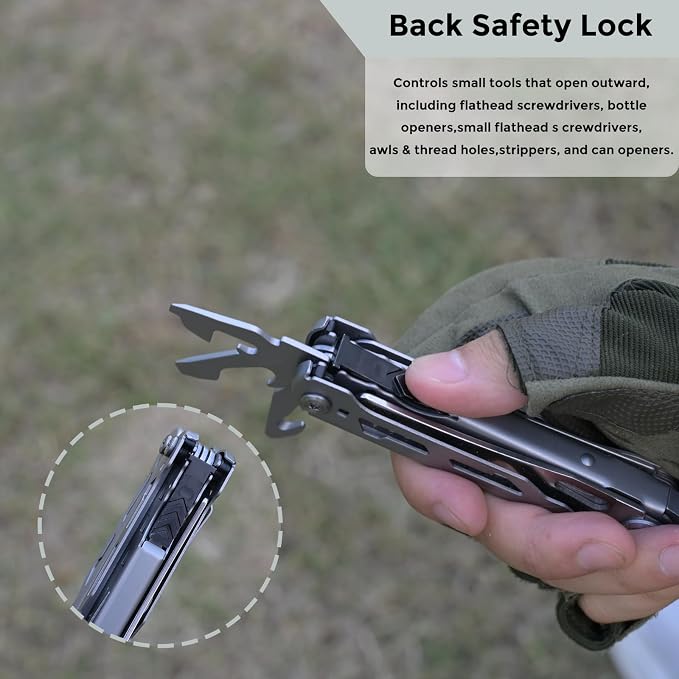 Multitool with Pocket Knife, 25-in-1 Stainless Steel Pliers and Screwdriver, Self-locking Multi-tool EDC Gear with Sheath and Replaceable Cutter Blades, Suitable for Camping and Hiking