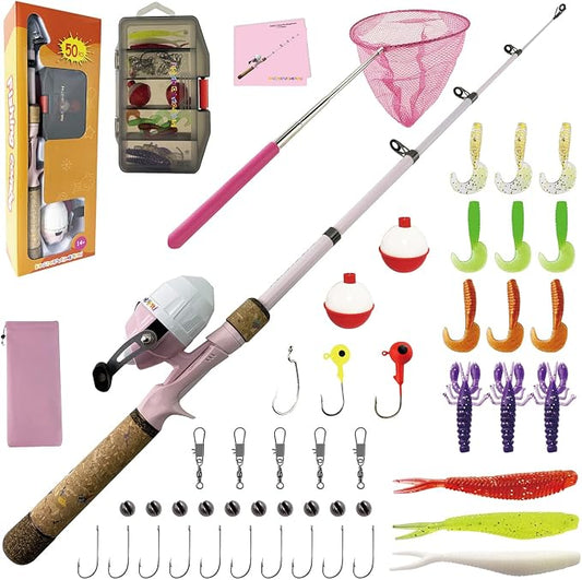 Kids Rod Set, Kids Fishing Rod and Reel Combo and Fishing Net Tackle Box with Fishing Lure Hook and Bag for Girls Beginners, Kids, Youth Anglers