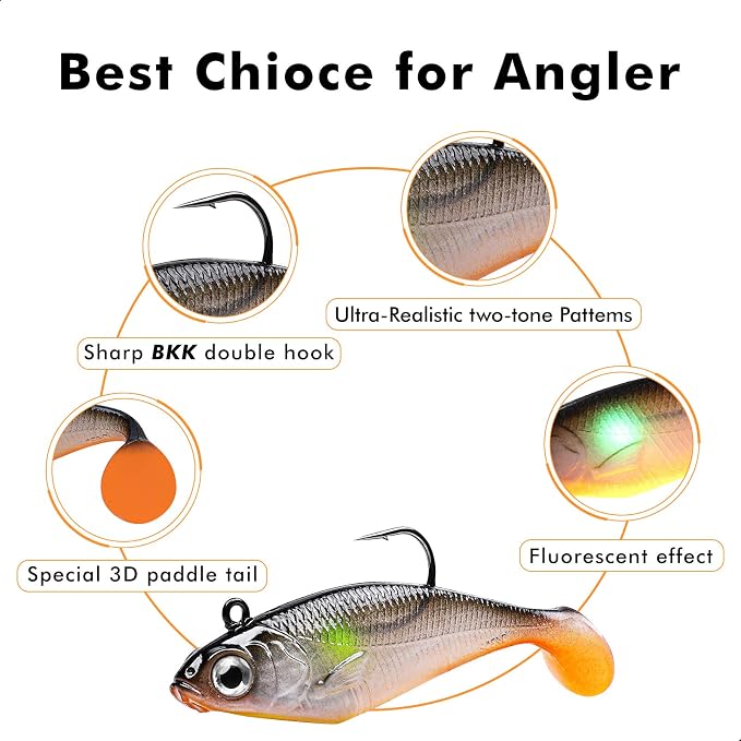 TRUSCEND Duramax Pre-Rigged Fishing Lures with BKK Jig Hooks, 10X Tear-Resistant TPE Soft Swimbaits for Bass Striper Trout Crappie Walleye Grouper, Lifelike Fishing Baits for Saltwater and Freshwater