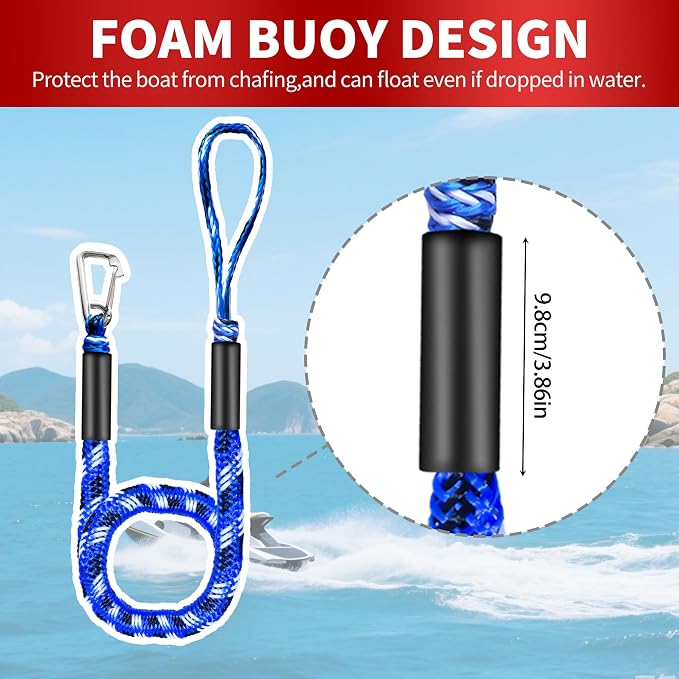 Bungee Dock Line with Stainless Steel Clip – Boat Dock Rope with Foam Float for Kayak, Canoe, Pontoon, Watercraft, SeaDoo, Docking – 4–5.5 ft, 2 Pack（Blue&White）