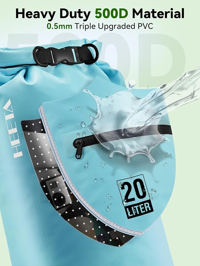 HEETA Waterproof Dry Bag with Front Zippered Pocket for Women Men, 5L/10L/20L/30L/40L Roll Top Lightweight Dry Storage Bag Backpack for Travel, Kayaking, Boating, Rafting, Camping, Hiking & Beach