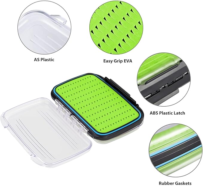 Gonex Fly Boxes for Fly Fishing Jig Boxes Two-Sided Waterproof Lightweight Fly Fishing Box Easy Grip Transparent Lid Fly Fishing Lures Box, 7.3"x 4.6"x 1.5", Green