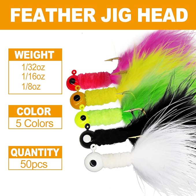 50PCS Crappie Fishing Jigs Hook Kit Feather Hair Jigs for Crappie Fishing baits Lures Panfish Trout 1/8 1/16 1/32 oz